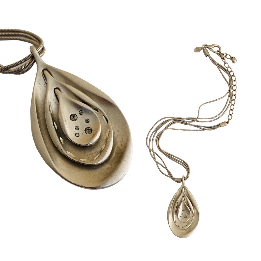 Vintage Chico Statement Necklace Triple Teardrop Pendant Silver Toned